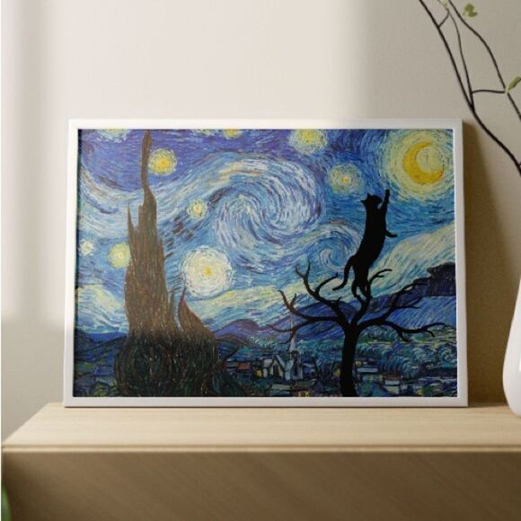 Van Gogh Starry Night Black Cat Print - Picture 4 of 4